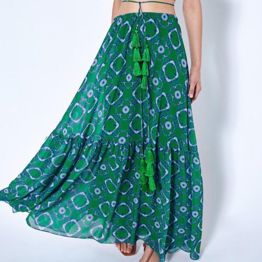 $410 ALEXIS Meadow maxi skirt tie-dye shibori chiffon emerald green M